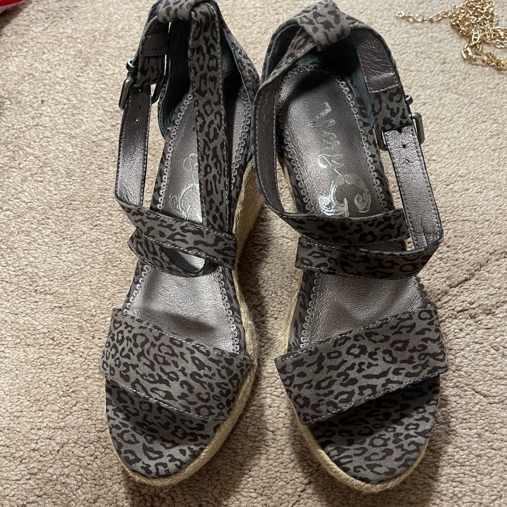 Grey leopard wedge sandals